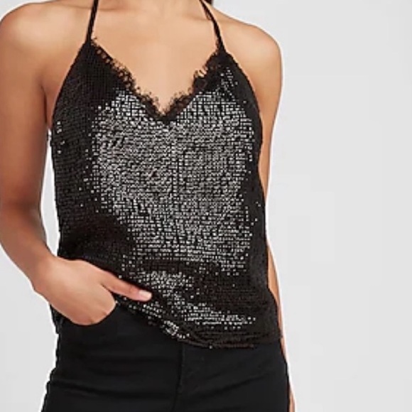 Express Black Sequin Lace Trim Racer Back Cami NWT small - Picture 1 of 4